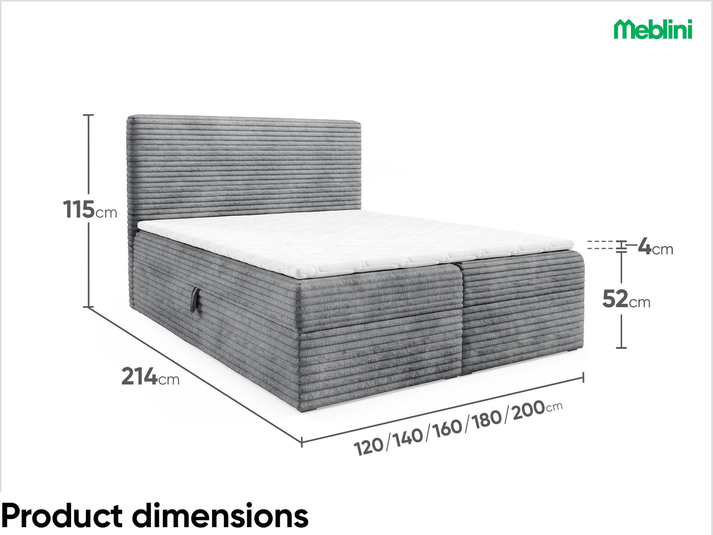 MEBLINI Boxspringbett Talia 180x200 cm H4 Grau Cord mit Bettkasten