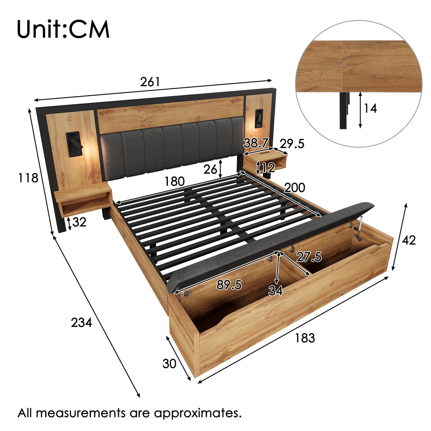 Kebnor Polsterbett 180x200 cm Eiche mit USB, Leselampe & Stauraum