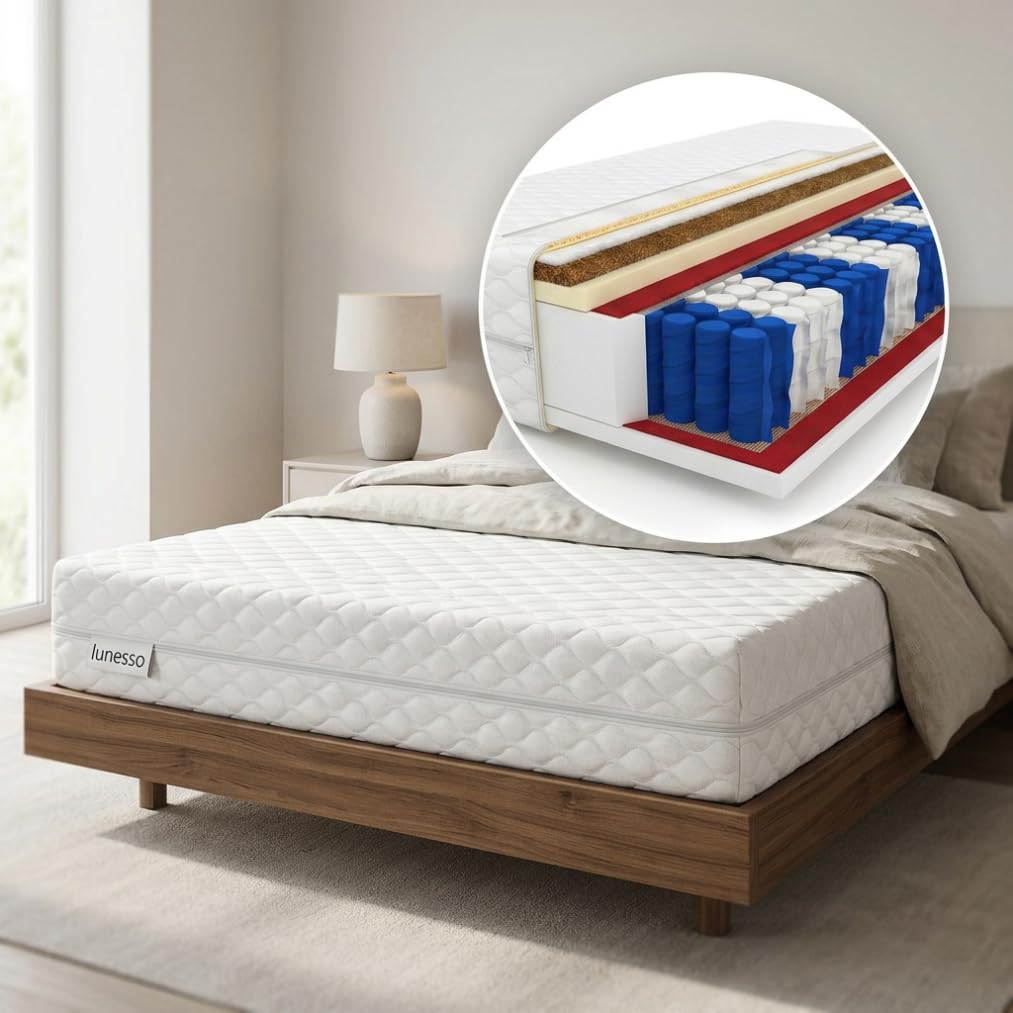 lunesso Matratze 80x200 cm Taschenfederkernmatratze mit Kokos | Höhe 21 cm | H3 & H4 Fest | 2in1 Härtegrade Wendbar | Öko-Tex Zertifiziert | Orthopädische Kokosmatte