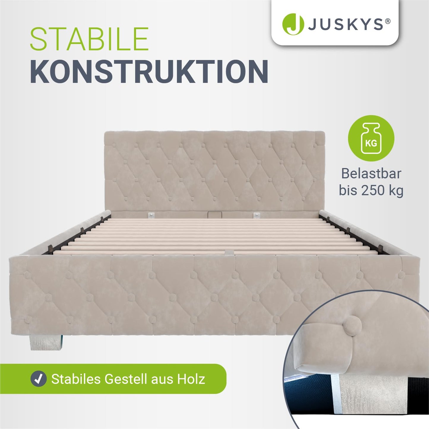 Juskys Polsterbett Nizza 140x200 cm Samt LED & Stauraum – Beige