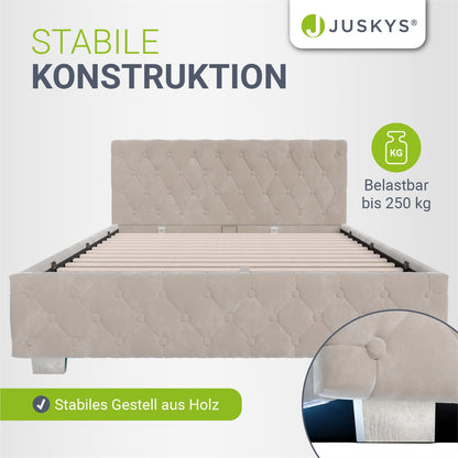 Juskys Polsterbett Nizza 140x200 cm Samt LED & Stauraum – Beige