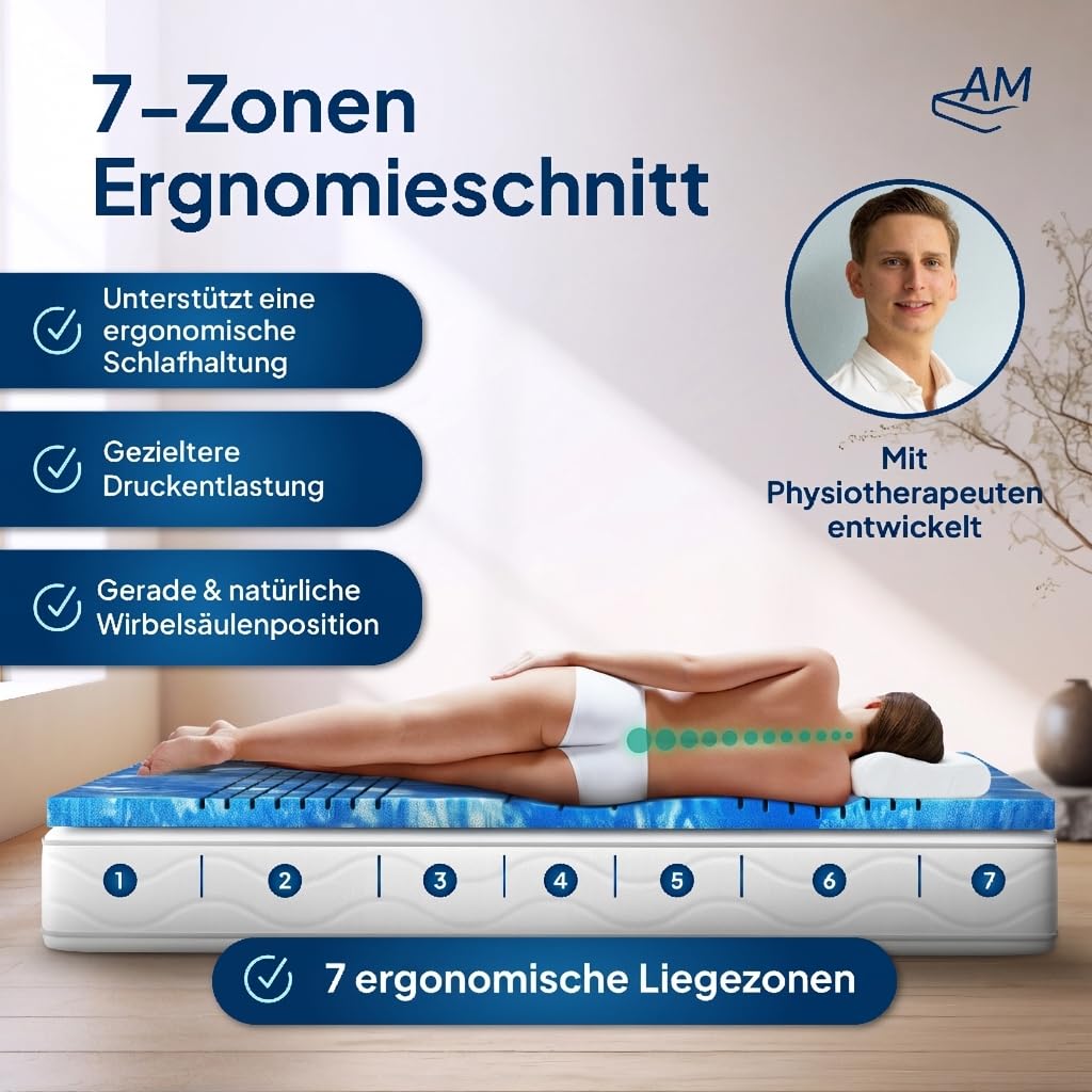 AM Qualitätsmatratzen 7 Zonen Deluxe Gel Topper 180x200cm RG50 - Made in Germany - Atmungsaktiver Gelschaum Topper 180x200-8cm - Kühlende Matratzenauflage mit Lyocell Bezug und Anti-Rutsch Funktion