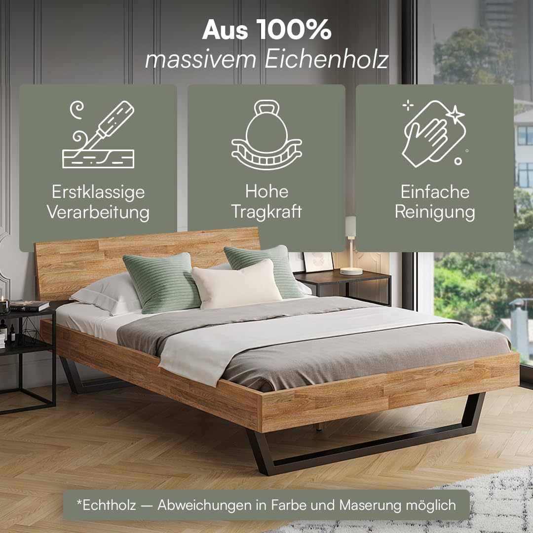 skølm Alver Massivholzbett 140x200 cm – Bettgestell aus Massivholz Eiche geölt – Holzbett mit schwarzen Metallkufen – hochwertiges Bett mit 1 Strebe als Bettkopf – Bettrahmen geeignet als Doppelbett