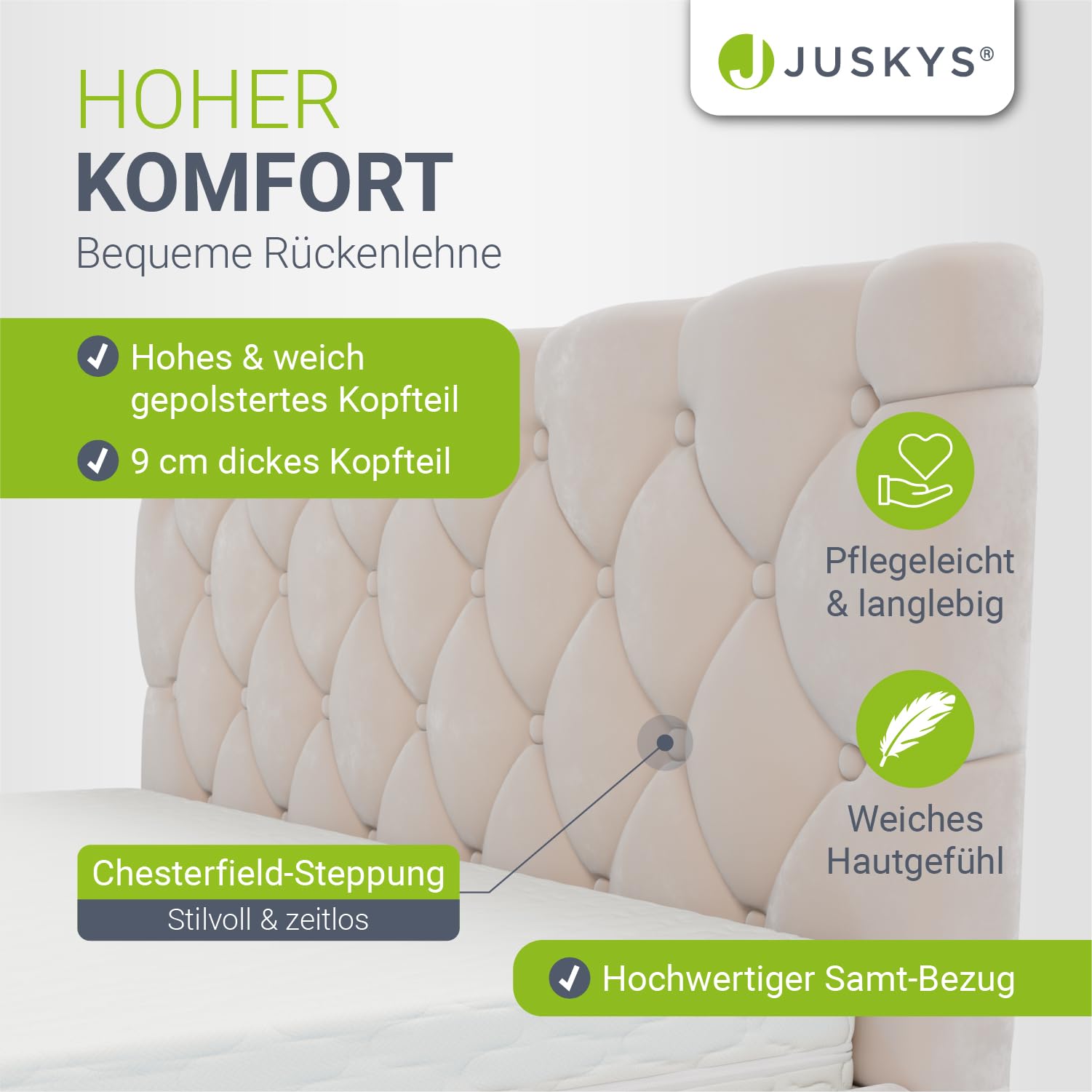 Juskys Polsterbett Nizza 120x200 cm mit Matratze, Bettgestell mit Lattenrost, Stauraum & LED Beleuchtung, Samtbezug, Chesterfield-Steppung, Beige