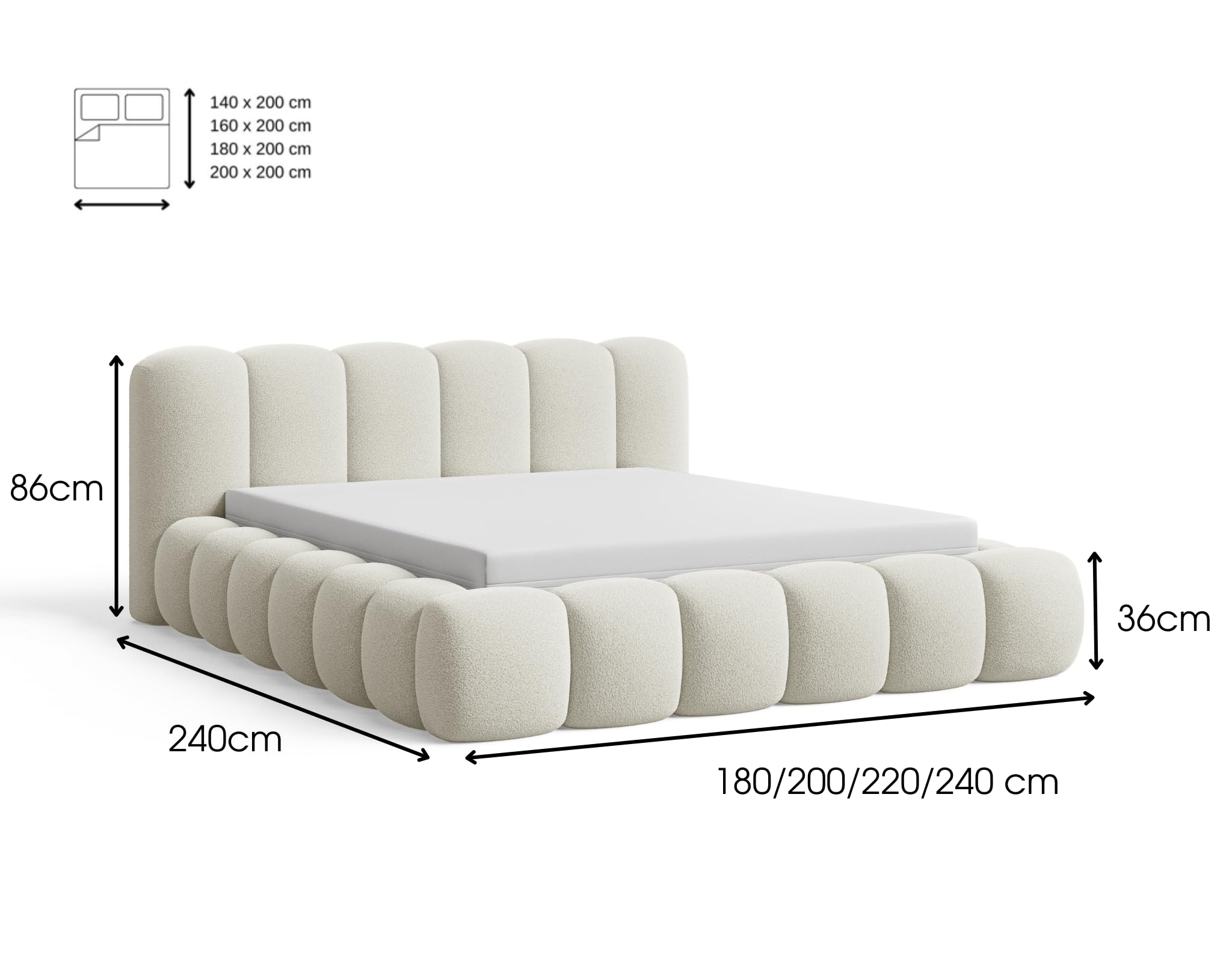 Chilly. Design Bett Stone - Polsterbett 180x200 mit Bettkasten, Lattenrost und Kopfteil - Eleganter Bouclé-Stoffbezug Weiß