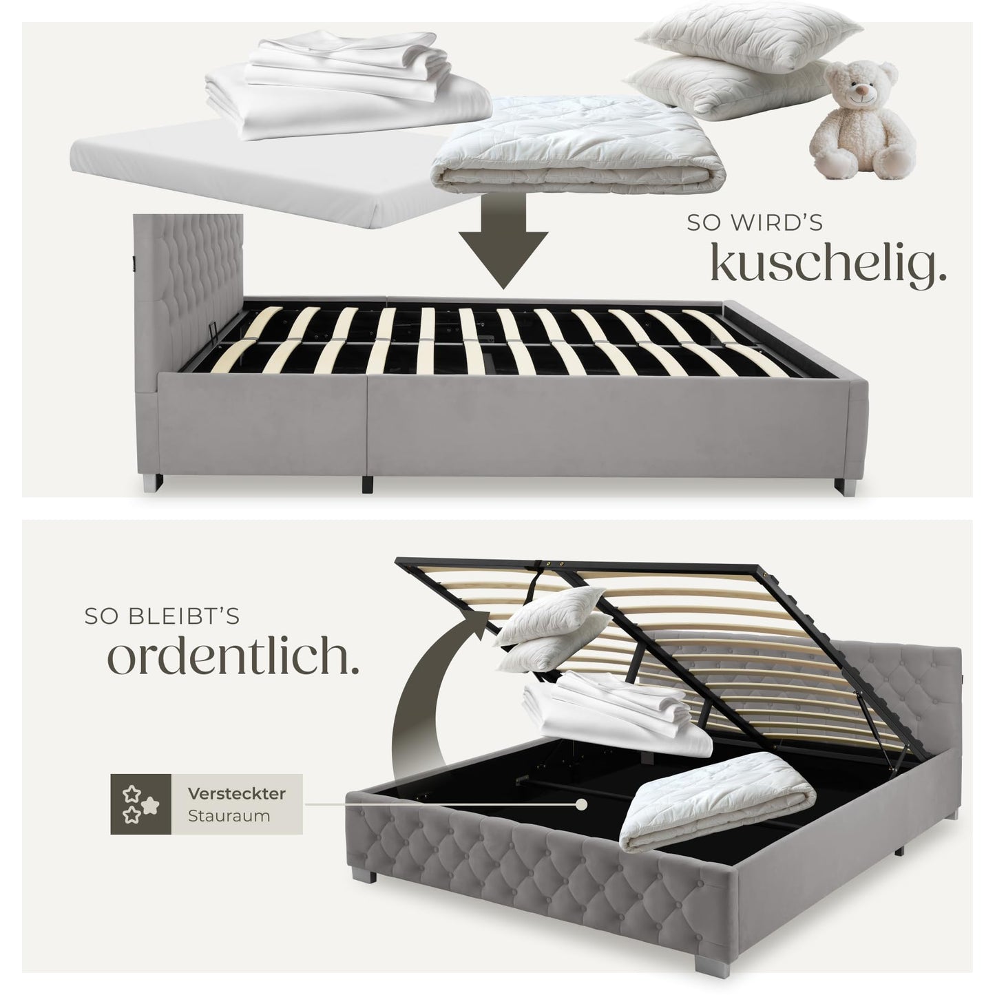 tectake Chesterfield Polsterbett 180x200 cm – LED, Bettkasten