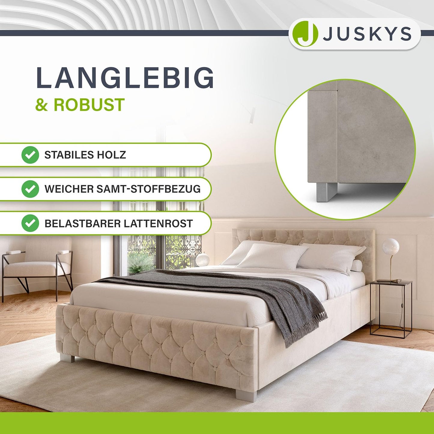 Juskys Polsterbett Nizza 140x200 cm Samt LED & Stauraum – Beige