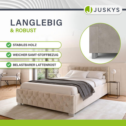 Juskys Polsterbett Nizza 140x200 cm Samt LED & Stauraum – Beige