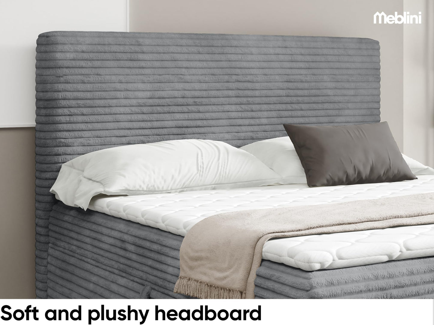 MEBLINI Boxspringbett Talia 180x200 cm H4 Grau Cord mit Bettkasten