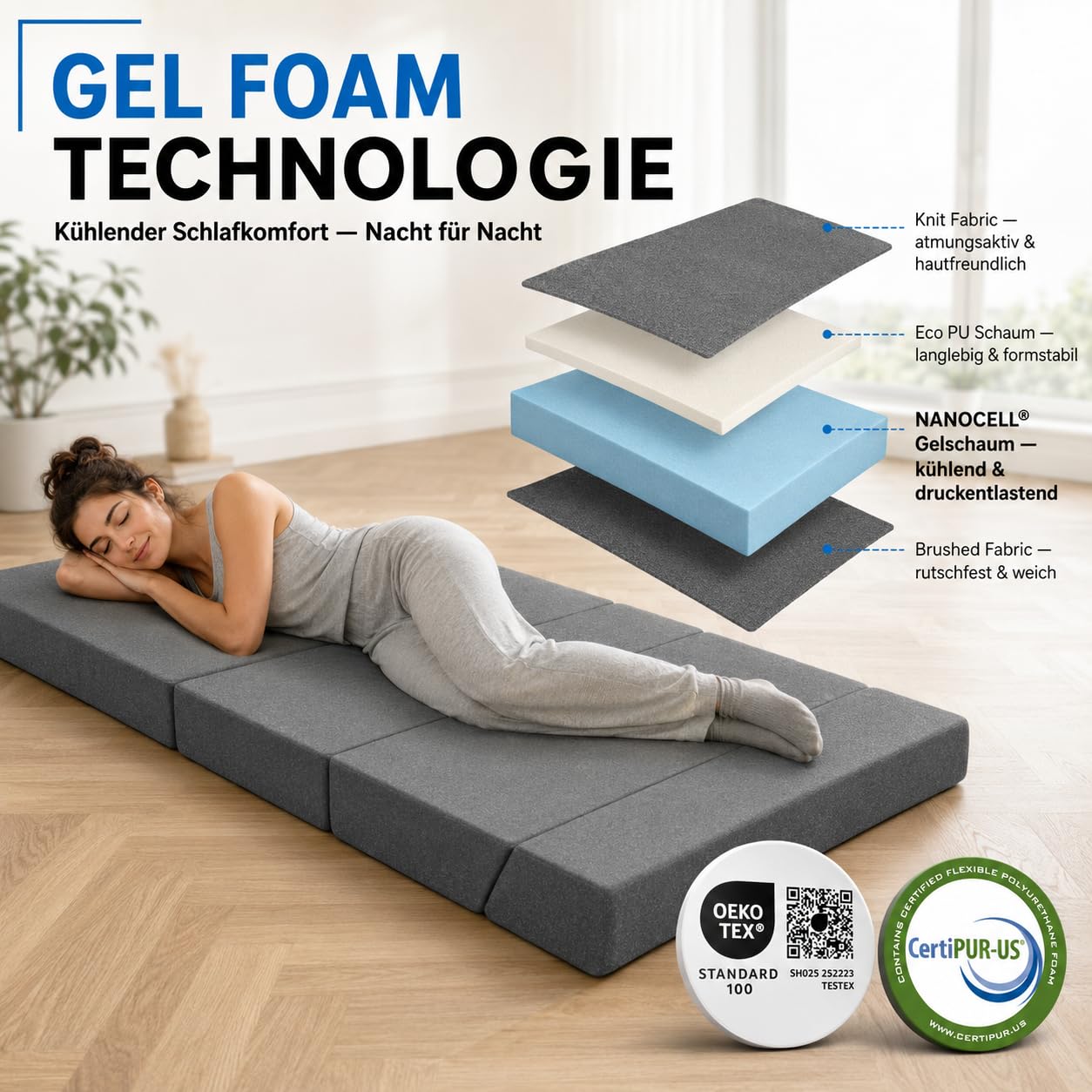 Arensberger Klappmatratze Multifold 120 x 200 cm, 15 cm Hoch | Gästebett Klappbar | Faltmatratze Camping Matratze | Gästematratze | Klappsofa | Schlafmatratze Faltbar | Bezug Abnehmbar | Gel Foam