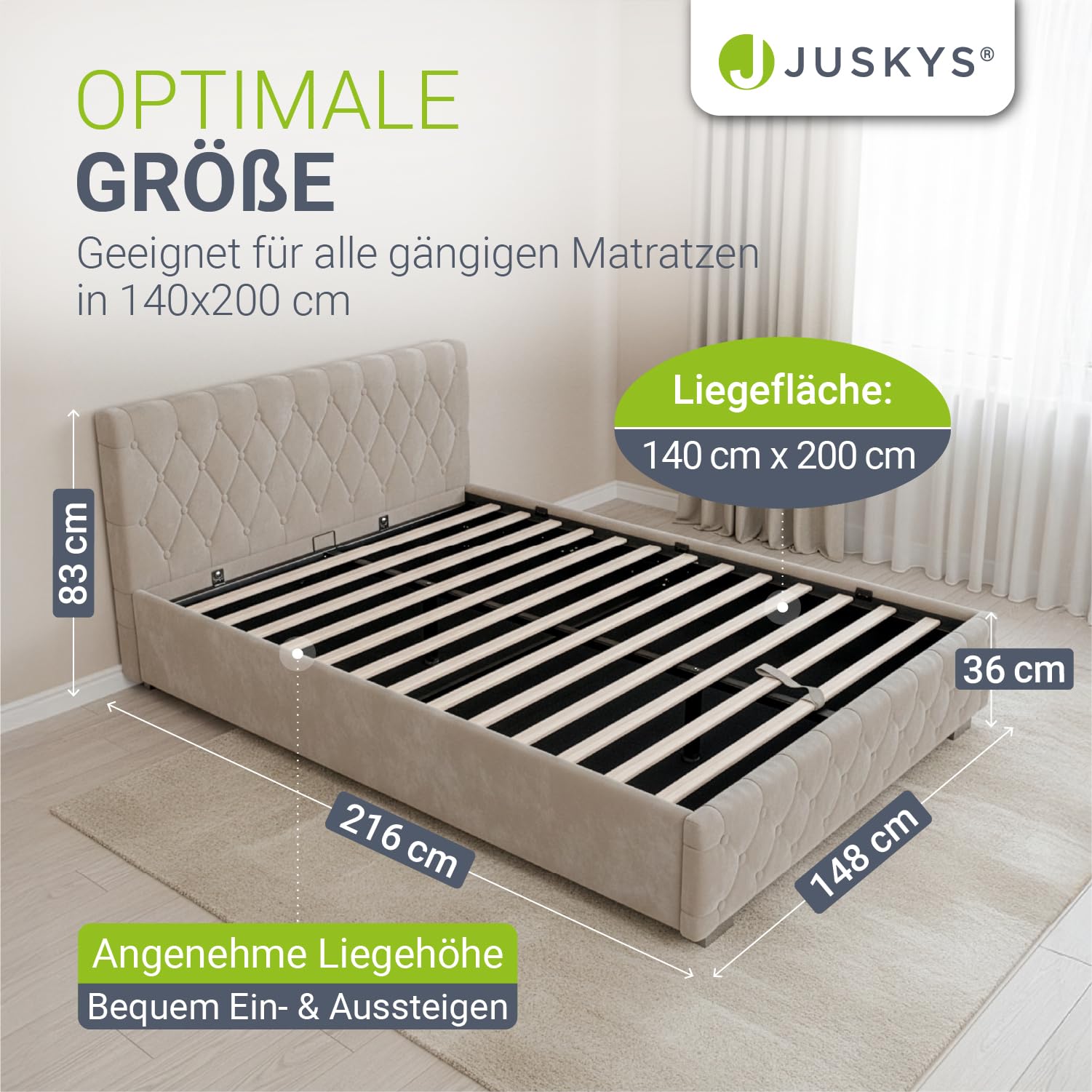 Juskys Polsterbett Nizza 140x200 cm Samt mit Stauraum, LED Beleuchtung & Lattenrost - Chesterfield Steppung & Kopfteil - Bett Bettgestell - Beige