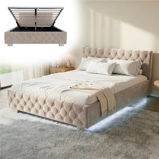 Juskys Polsterbett Nizza 140x200 cm Samt LED & Stauraum – Beige