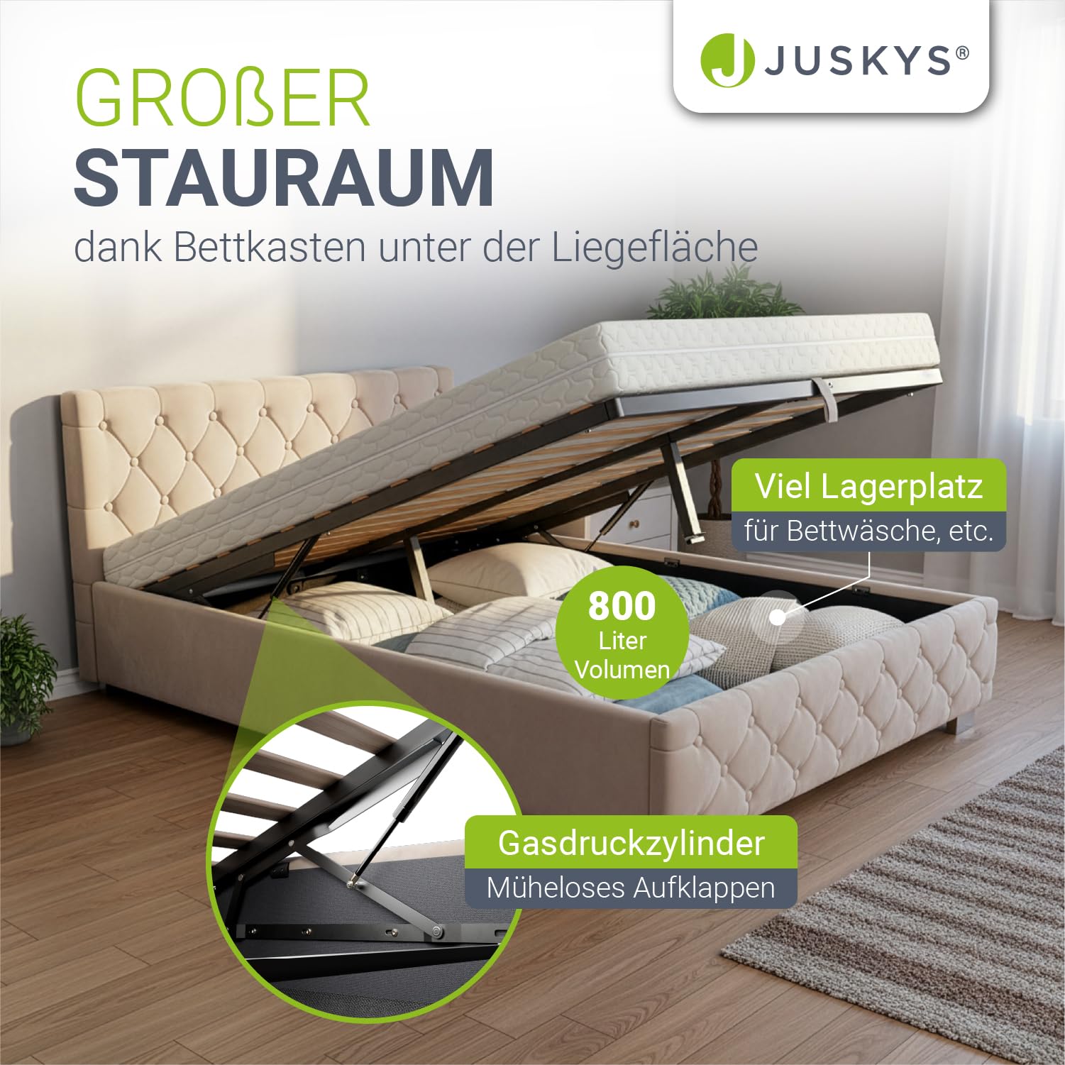 Juskys Polsterbett Nizza 140x200 cm Samt mit Stauraum, LED Beleuchtung & Lattenrost - Chesterfield Steppung & Kopfteil - Bett Bettgestell - Beige