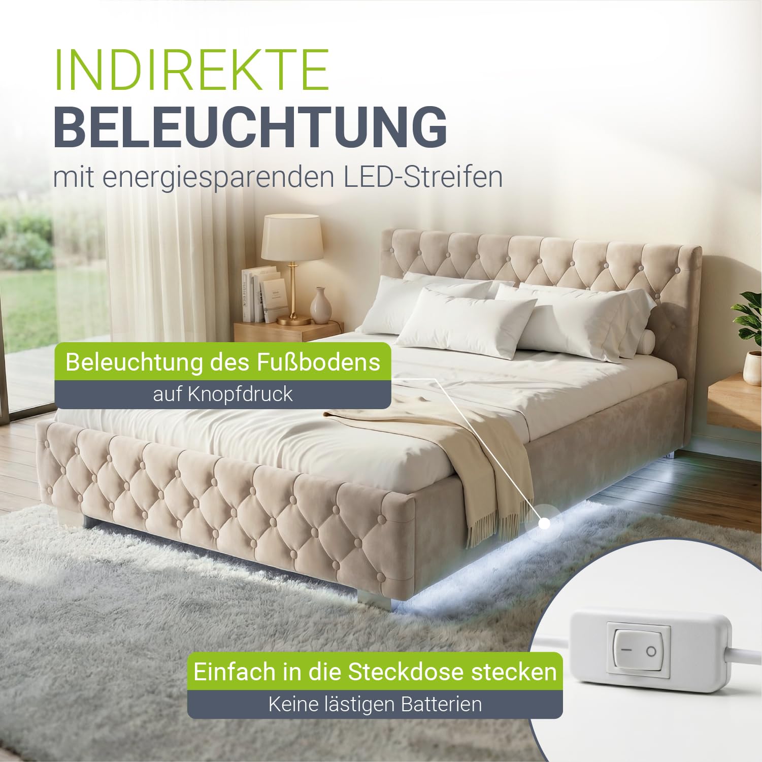 Juskys Polsterbett Nizza 140x200 cm Samt mit Stauraum, LED Beleuchtung & Lattenrost - Chesterfield Steppung & Kopfteil - Bett Bettgestell - Beige