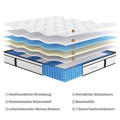 Hiepunos Taschenfederkernmatratze 180x200 cm H3 mit Memory-Schaum