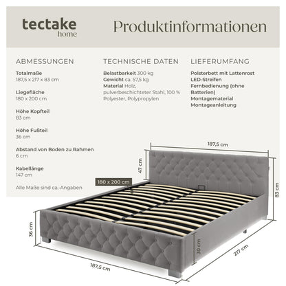 tectake Chesterfield Polsterbett 180x200 cm – LED, Bettkasten