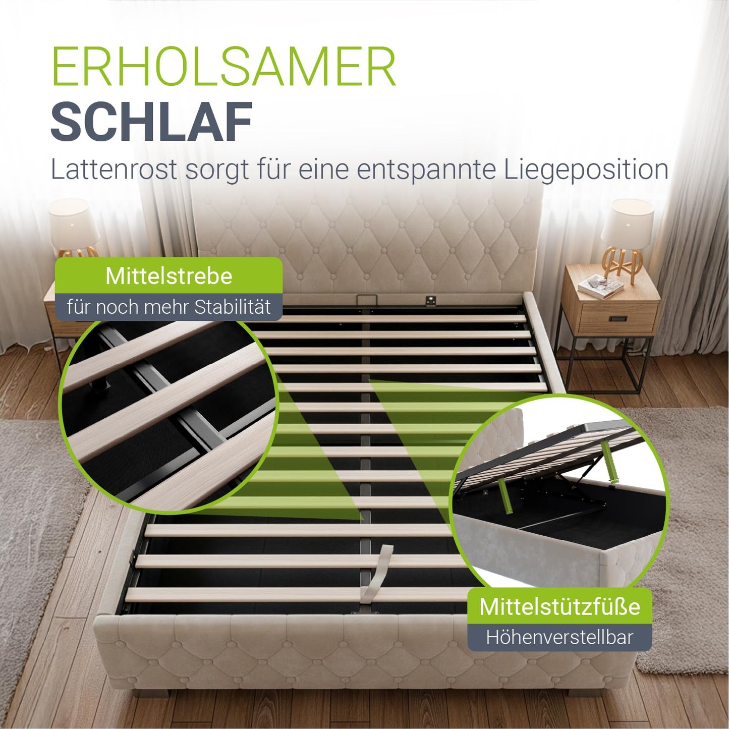 Juskys Polsterbett Nizza 140x200 cm Samt LED & Stauraum – Beige