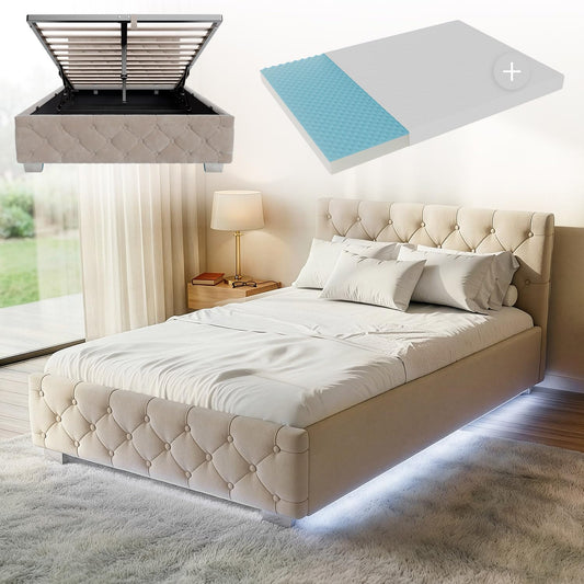 Juskys Polsterbett Nizza 120x200 cm mit Matratze & LED – Beige