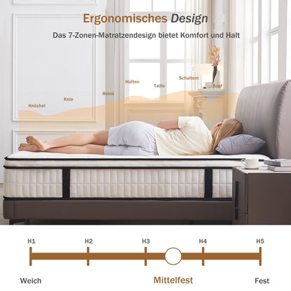 Hiepunos Taschenfederkernmatratze 180x200 cm H3 mit Memory-Schaum