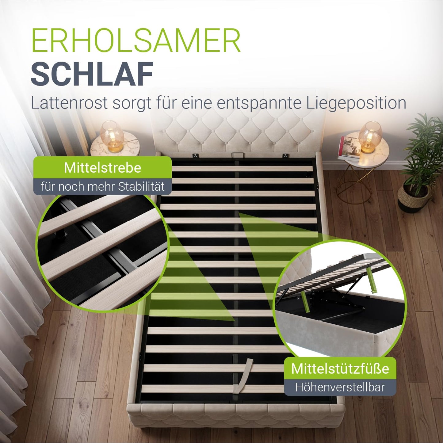 Juskys Polsterbett Nizza 120x200 cm mit Matratze & LED – Beige