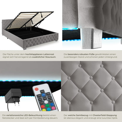 tectake Chesterfield Polsterbett 180x200 cm – LED, Bettkasten