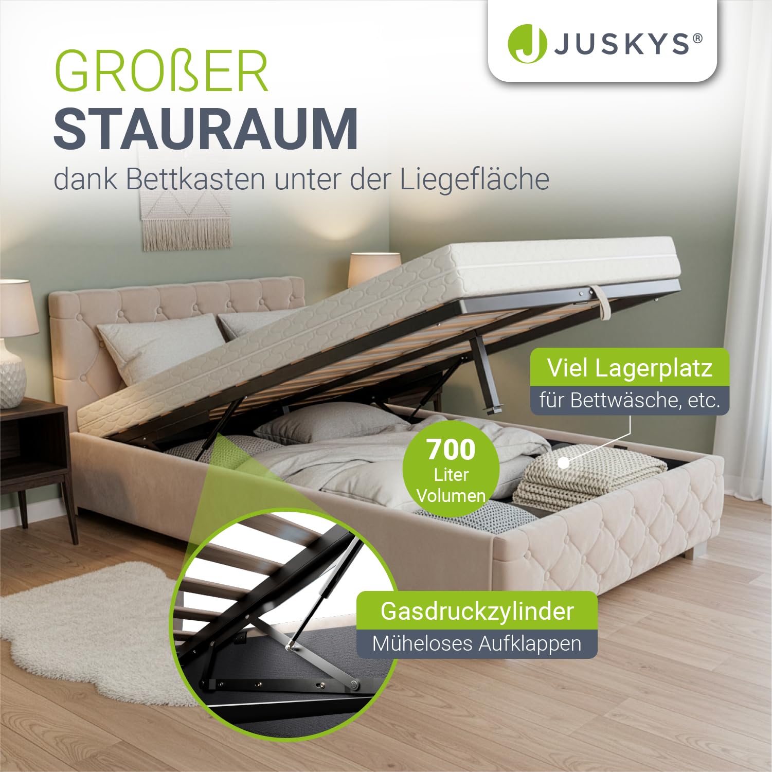 Juskys Polsterbett Nizza 120x200 cm mit Matratze, Bettgestell mit Lattenrost, Stauraum & LED Beleuchtung, Samtbezug, Chesterfield-Steppung, Beige