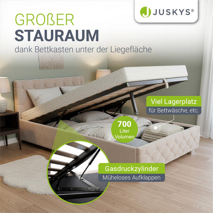 Juskys Polsterbett Nizza 120x200 cm mit Matratze & LED – Beige