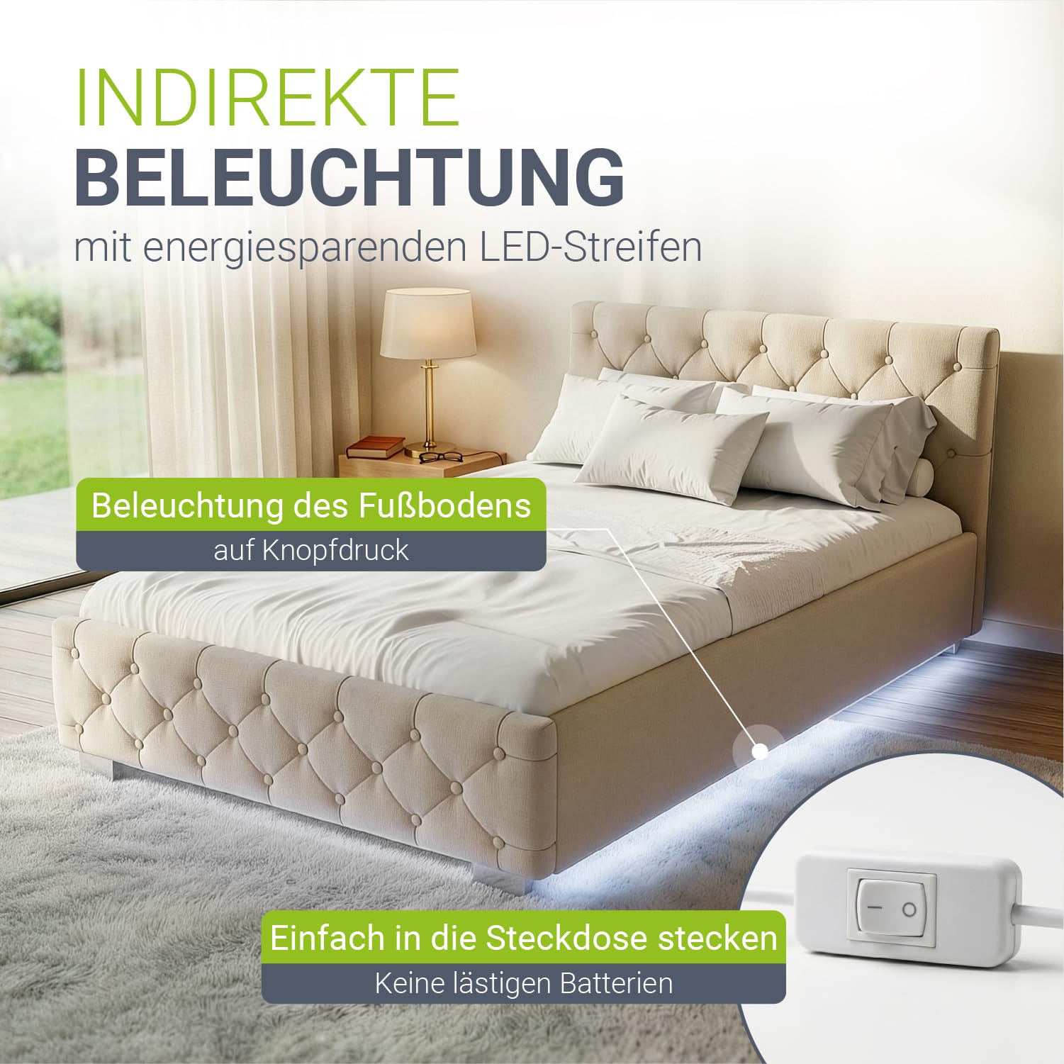 Juskys Polsterbett Nizza 120x200 cm mit Matratze, Bettgestell mit Lattenrost, Stauraum & LED Beleuchtung, Samtbezug, Chesterfield-Steppung, Beige