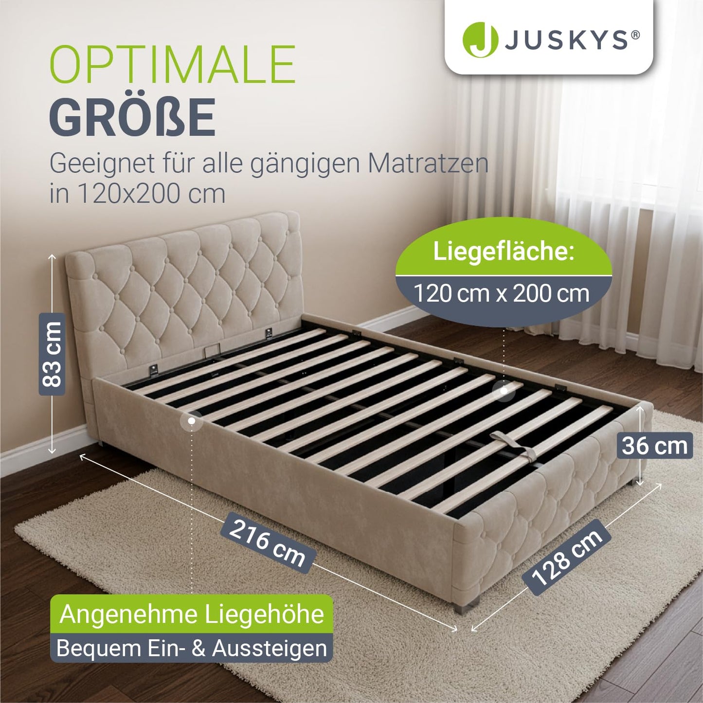 Juskys Polsterbett Nizza 120x200 cm mit Matratze & LED – Beige