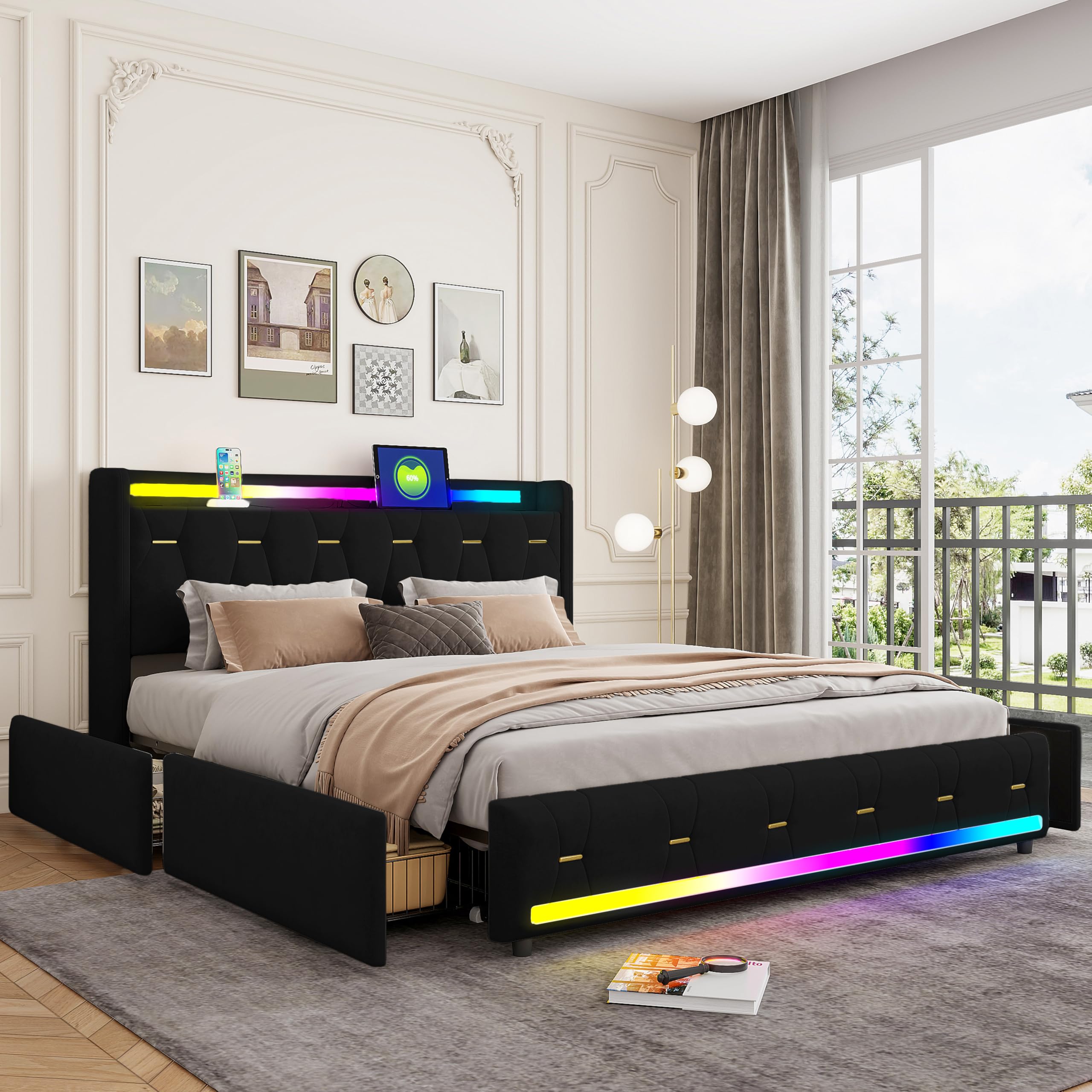 XMETPR 5-in-1 Polsterbett 160x200cm mit Bluetooth-Lautsprecher, Mehrfarbiger LED-Beleuchtung, USB/Type-C-Ladestation, 4 Stauräumen & Holzlattenrost, Samtbett, Schwarz Bett