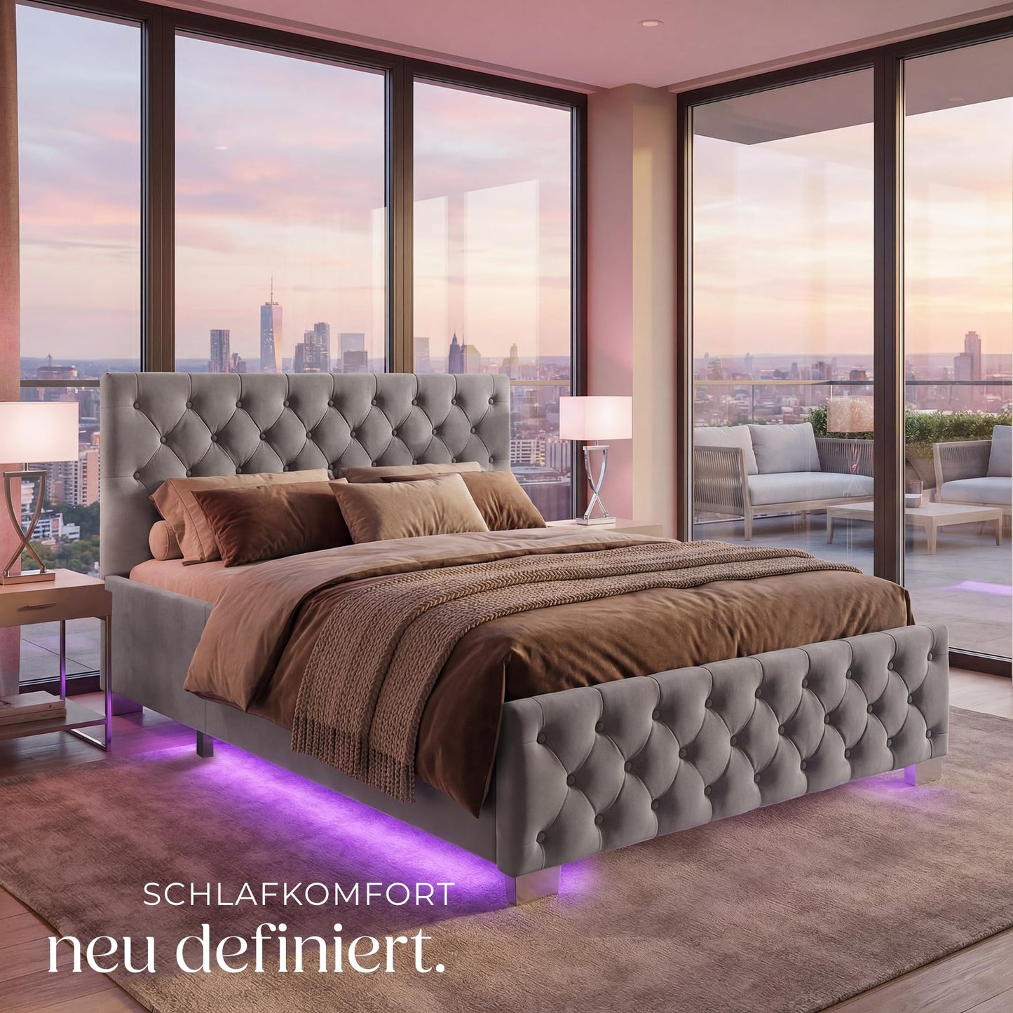 tectake Chesterfield Polsterbett 180x200 cm – LED, Bettkasten