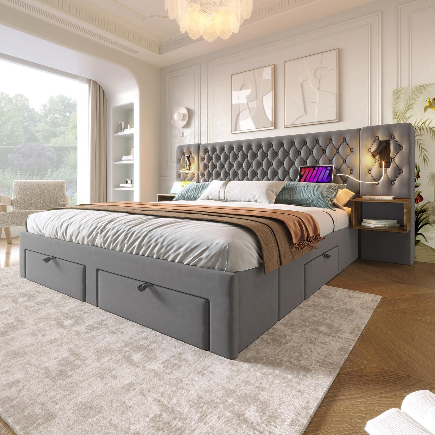 RIAZOS Doppelbett 180x200 cm mit LED, USB & Nachtkommoden