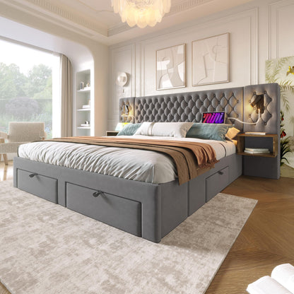 RIAZOS Doppelbett 180x200 cm mit LED, USB & Nachtkommoden