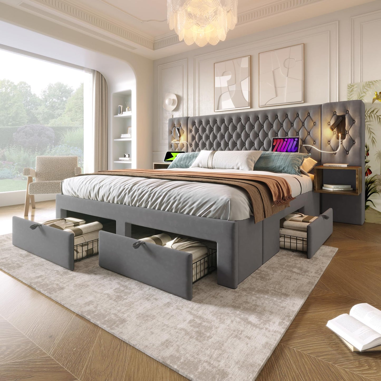 RIAZOS Doppelbett 180x200 cm mit LED, USB & Nachtkommoden