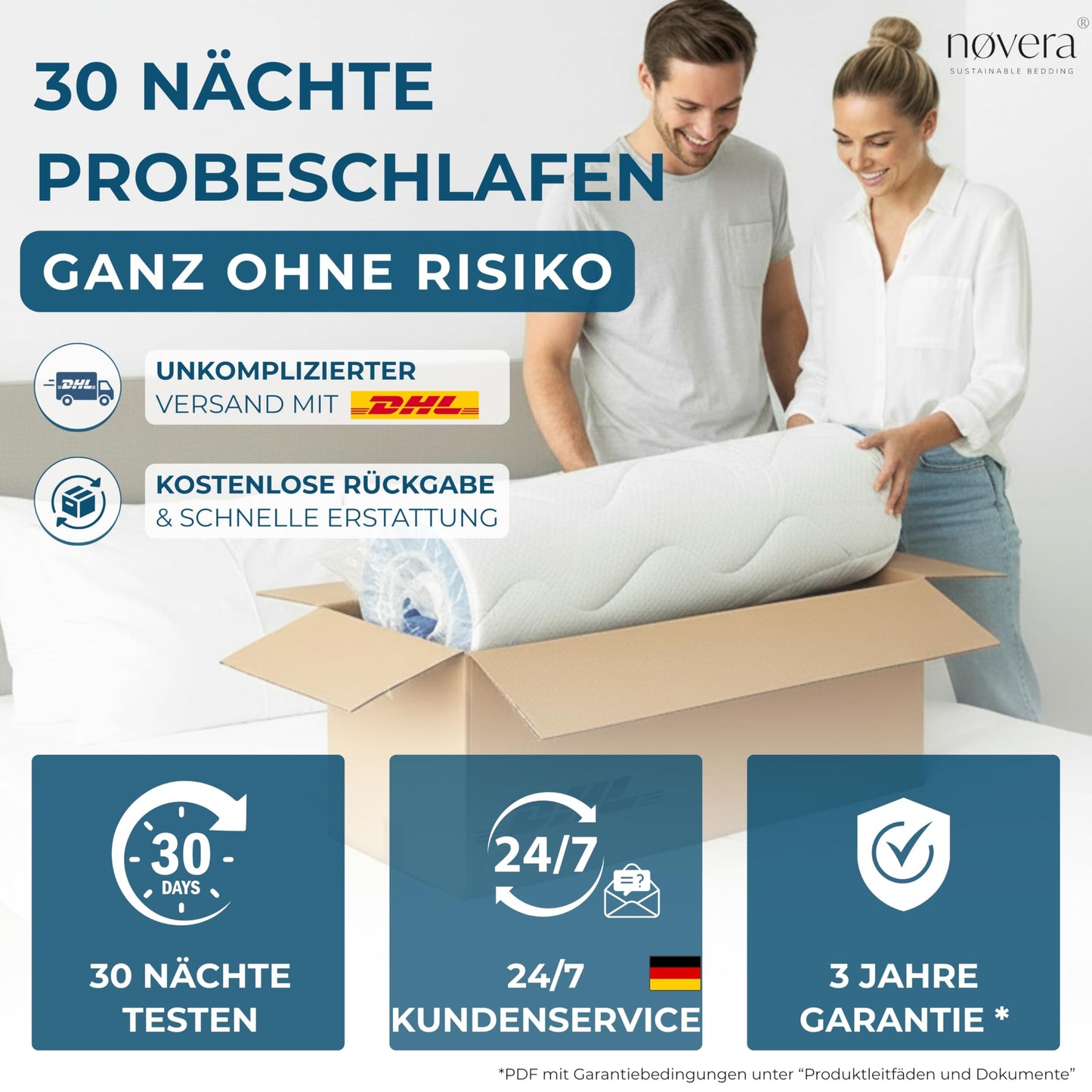 nøvera Deluxe Gel Topper 180x200 cm – Bio-Baumwolle, 7 Zonen