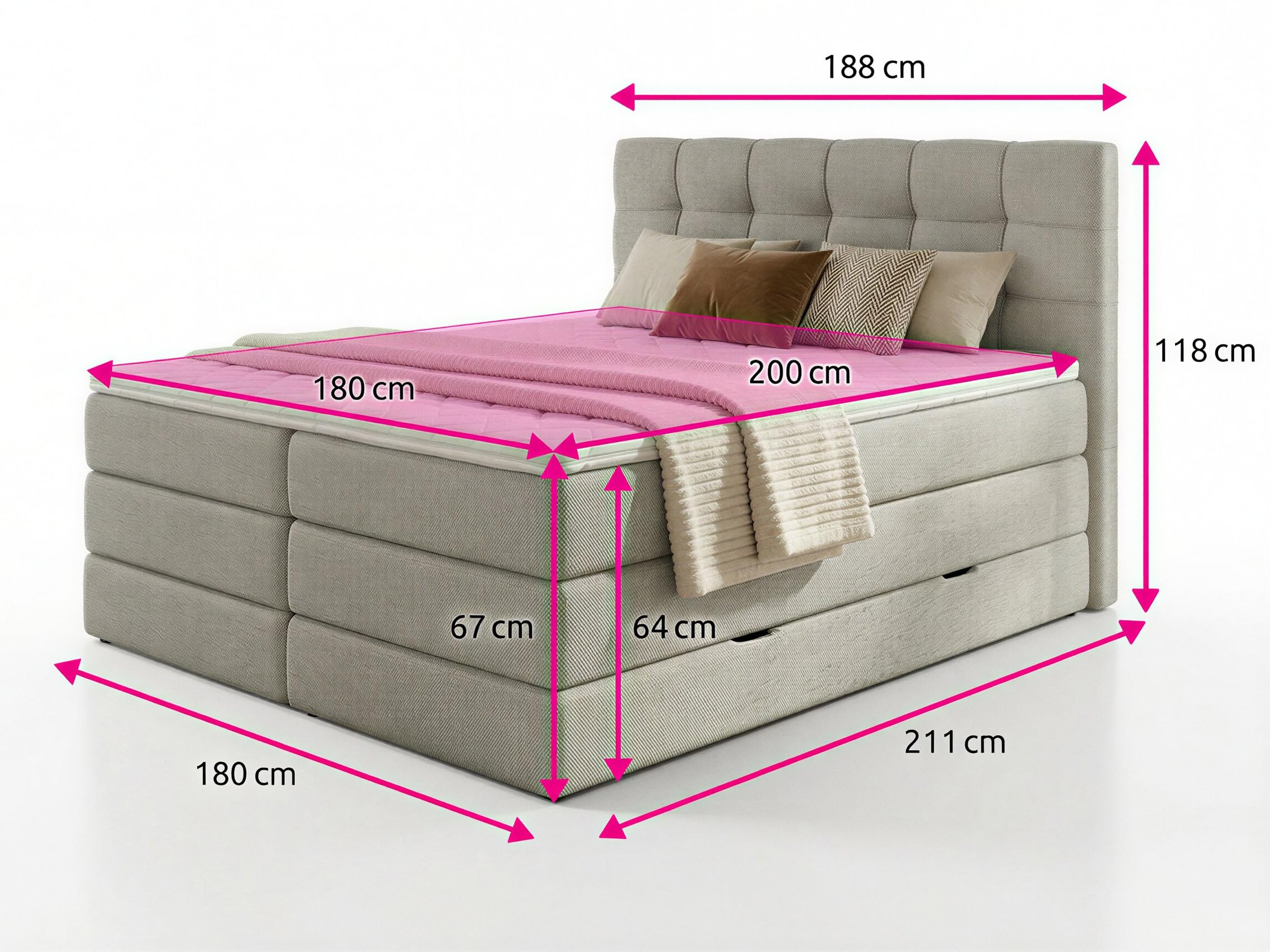 Sofnet Boxspringbett Best XL mit 2 Bettkästen und Topper, mit Taschenfederkern- und Bonellfederkernmatratze, Doppelbett, Polsterbett aus Webstoff mit Stauraum (Beige (Inari 22), 180 x 200 cm)