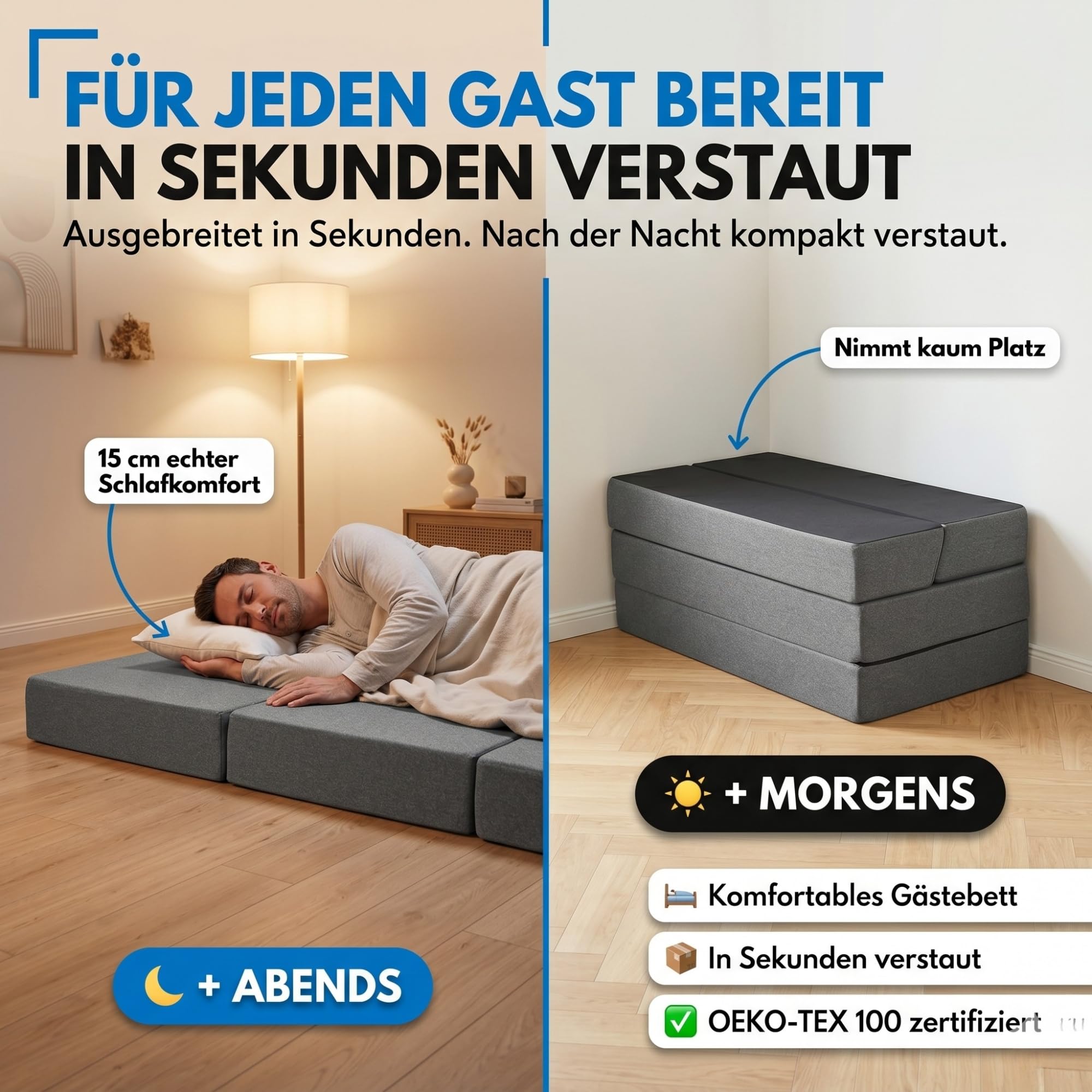 Arensberger Klappmatratze Multifold 120 x 200 cm, 15 cm Hoch | Gästebett Klappbar | Faltmatratze Camping Matratze | Gästematratze | Klappsofa | Schlafmatratze Faltbar | Bezug Abnehmbar | Gel Foam