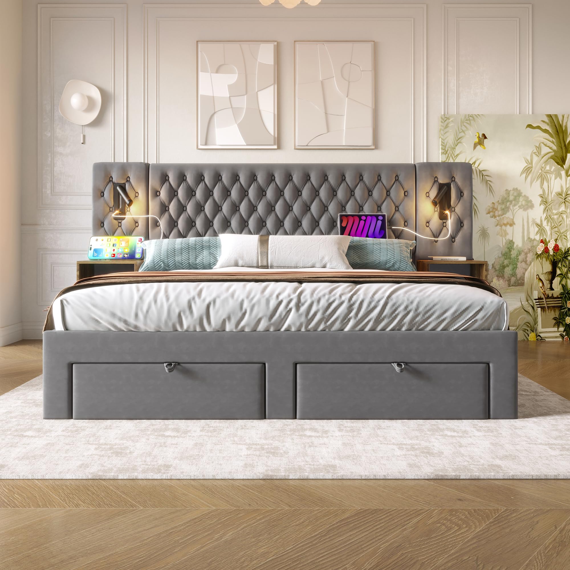 RIAZOS Doppelbett Bettanlage 180 x 200 cm mit 2X Nachtkommoden & 4 Schubladen, Kopfteil mit LED & USB Ladefunktion - Schlafzimmer Komplett-Set, Samt, Ohne Matratze