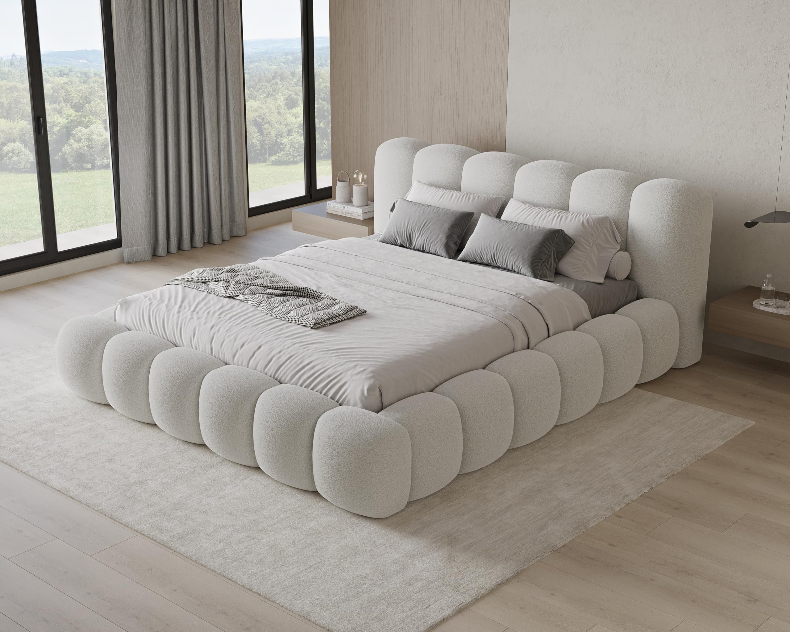 Chilly. Design Bett Stone - Polsterbett 180x200 mit Bettkasten, Lattenrost und Kopfteil - Eleganter Bouclé-Stoffbezug Weiß