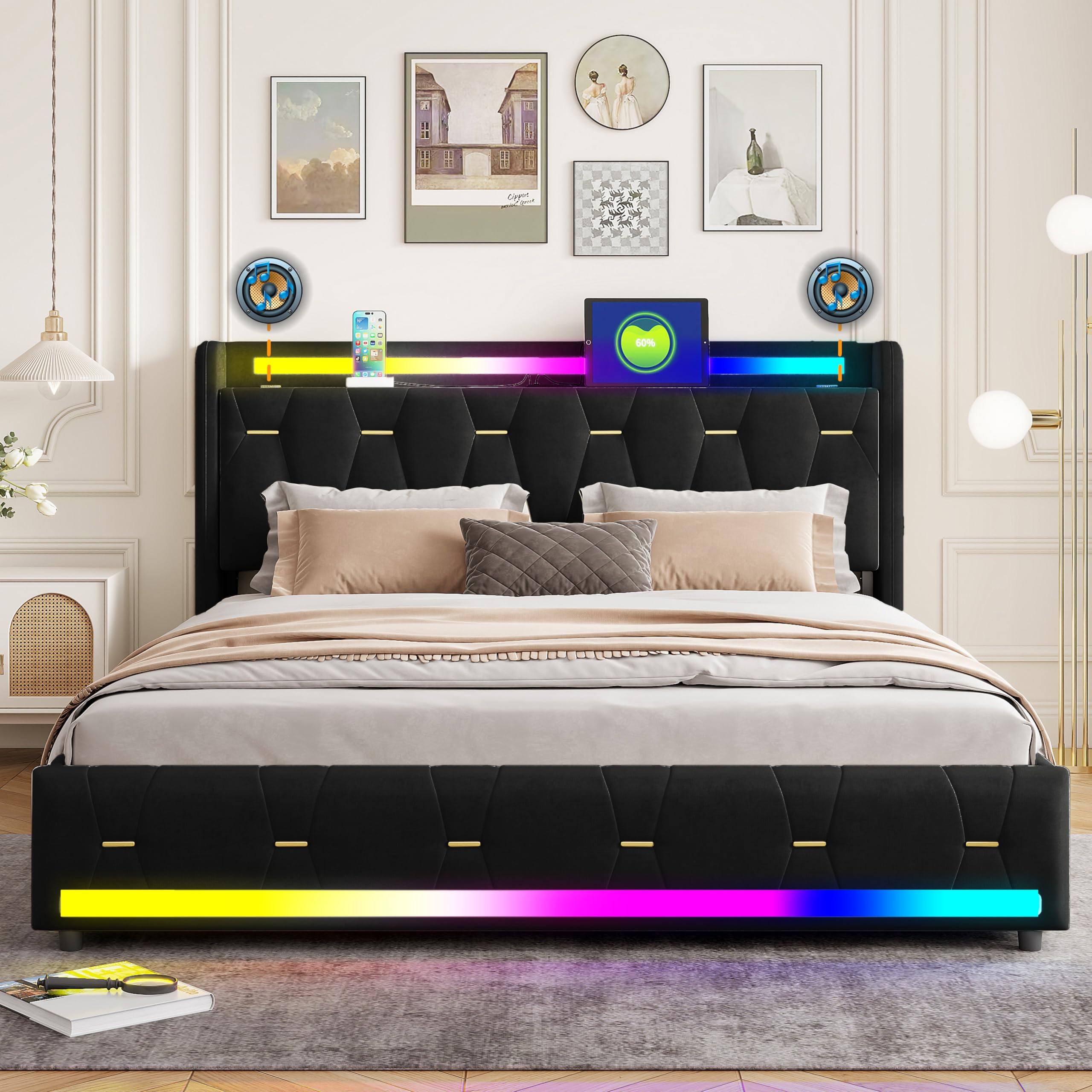 XMETPR 5-in-1 Polsterbett 160x200cm mit Bluetooth-Lautsprecher, Mehrfarbiger LED-Beleuchtung, USB/Type-C-Ladestation, 4 Stauräumen & Holzlattenrost, Samtbett, Schwarz Bett
