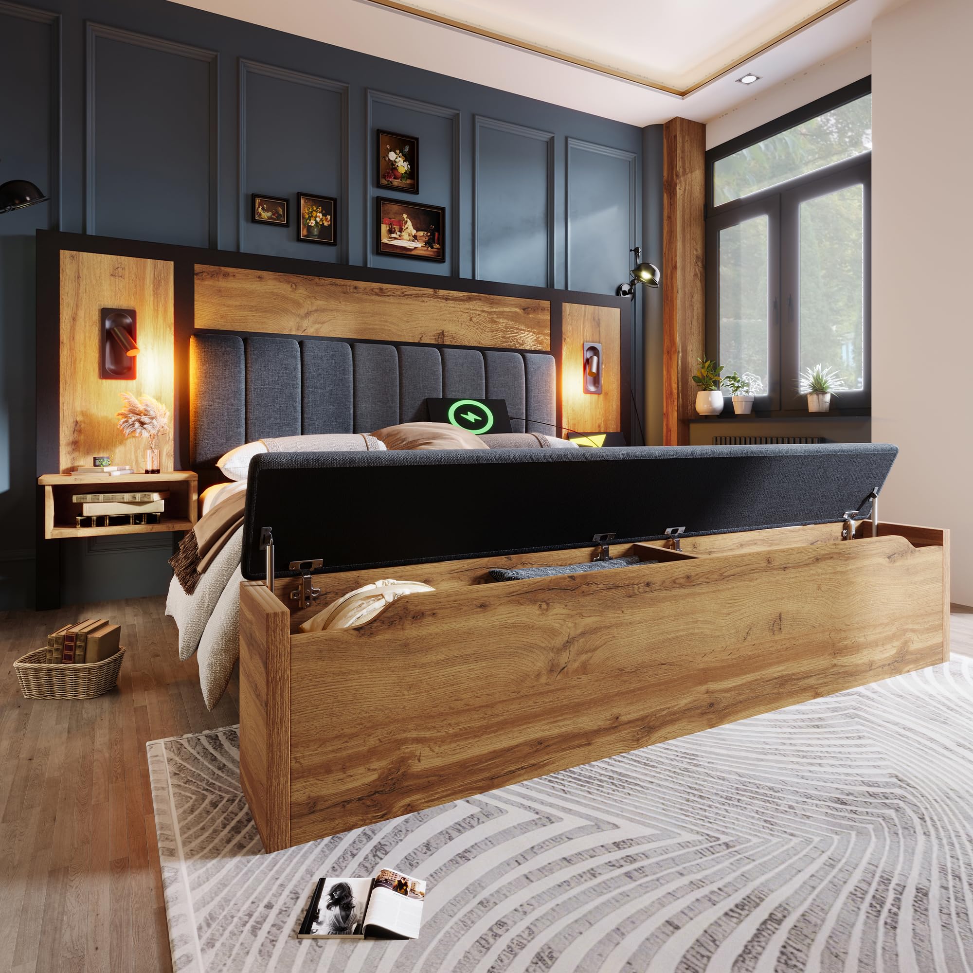 ZYLOYAL10 Doppelbett Polsterbett 180×200, Bettanlage mit Leselampe und U-S-B C Nachttisch und Sitzbank mit Stauraum, Bettgestell mit Lattenrost aus Metall, Holz und Leinen, Eiche(Ohne Matratze)
