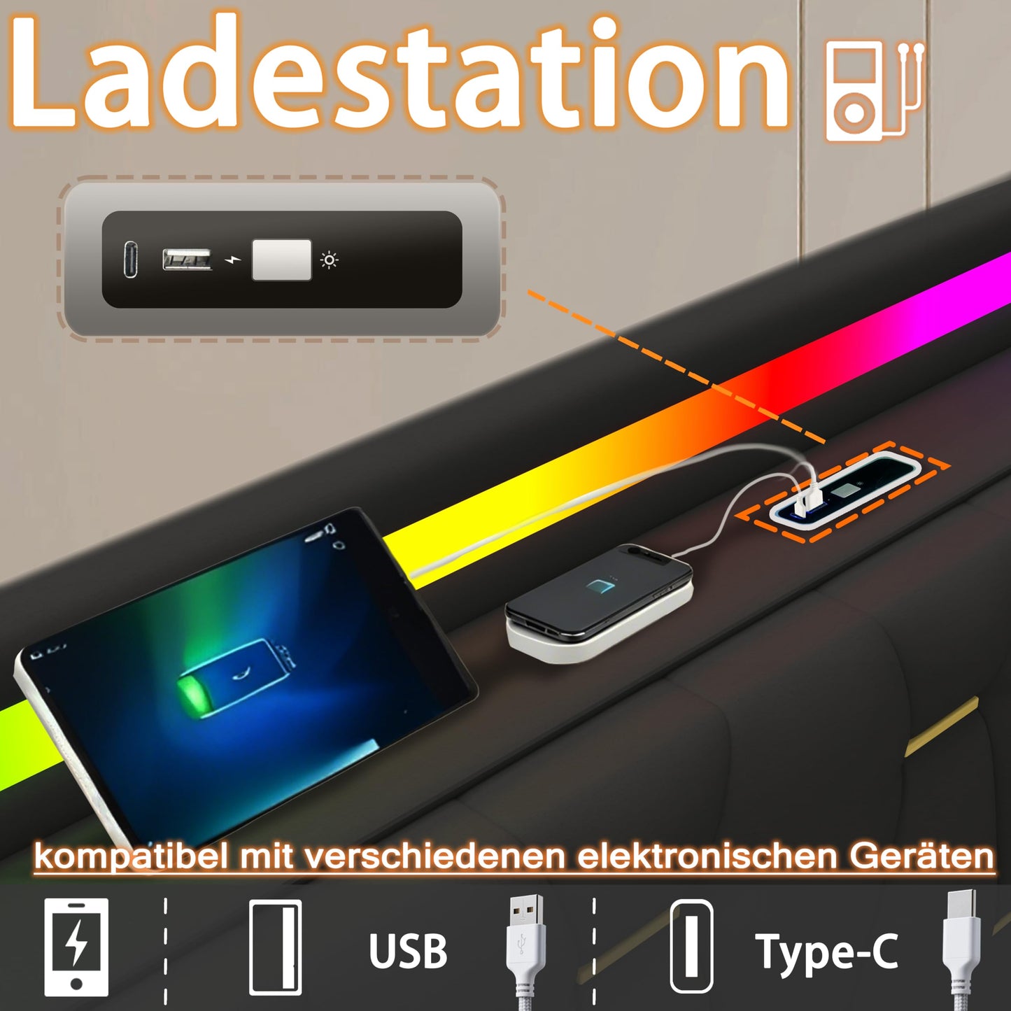 XMETPR Polsterbett 160x200 mit LED, Bluetooth & Stauraum