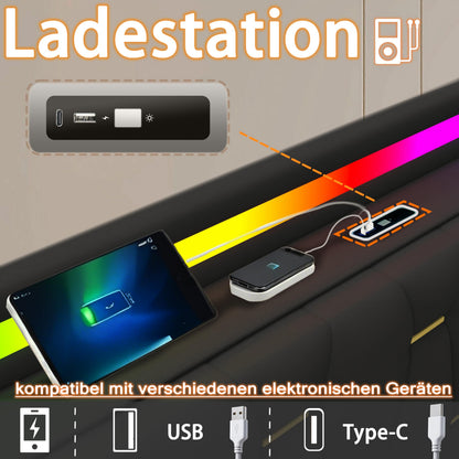 XMETPR Polsterbett 160x200 mit LED, Bluetooth & Stauraum