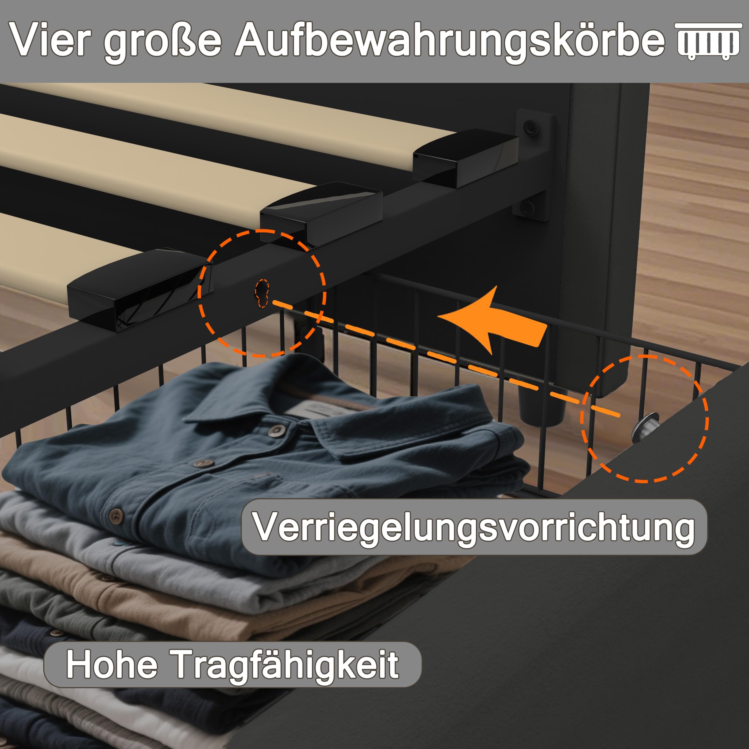 XMETPR 5-in-1 Polsterbett 160x200cm mit Bluetooth-Lautsprecher, Mehrfarbiger LED-Beleuchtung, USB/Type-C-Ladestation, 4 Stauräumen & Holzlattenrost, Samtbett, Schwarz Bett