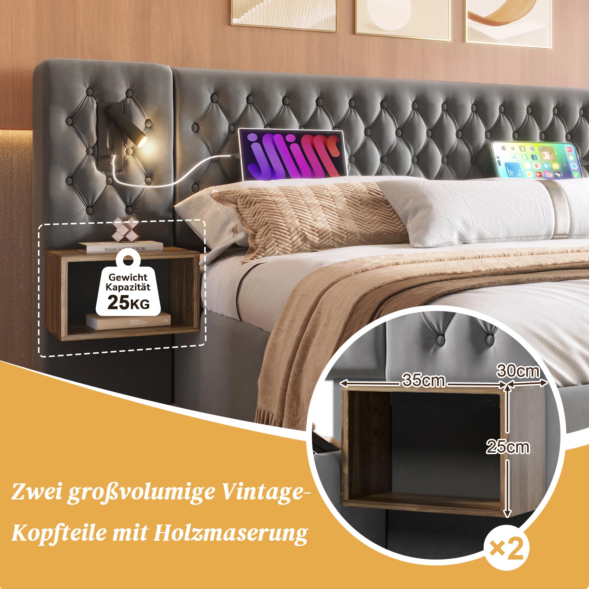 RIAZOS Doppelbett Bettanlage 180 x 200 cm mit 2X Nachtkommoden & 4 Schubladen, Kopfteil mit LED & USB Ladefunktion - Schlafzimmer Komplett-Set, Samt, Ohne Matratze