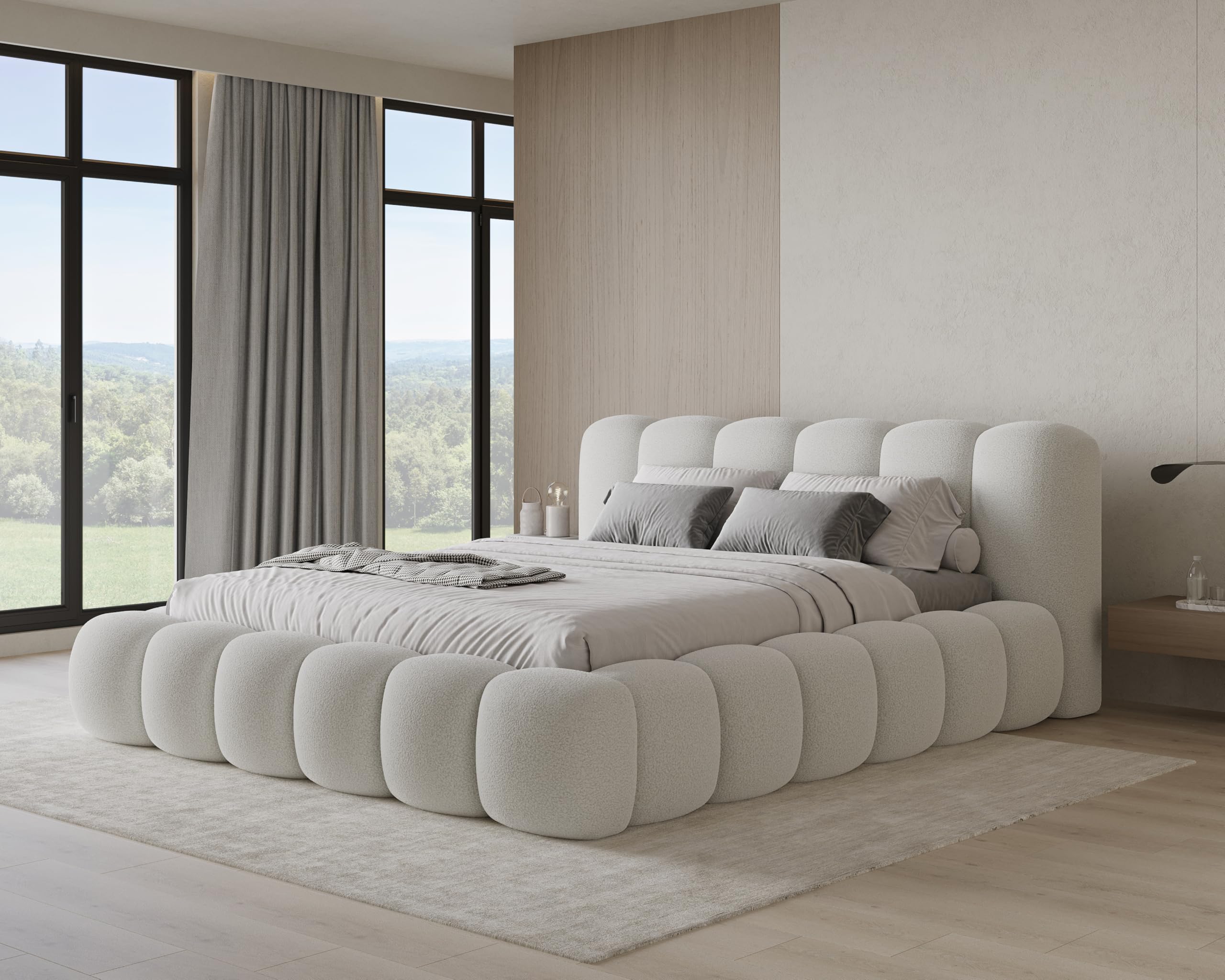 Chilly. Design Bett Stone - Polsterbett 180x200 mit Bettkasten, Lattenrost und Kopfteil - Eleganter Bouclé-Stoffbezug Weiß