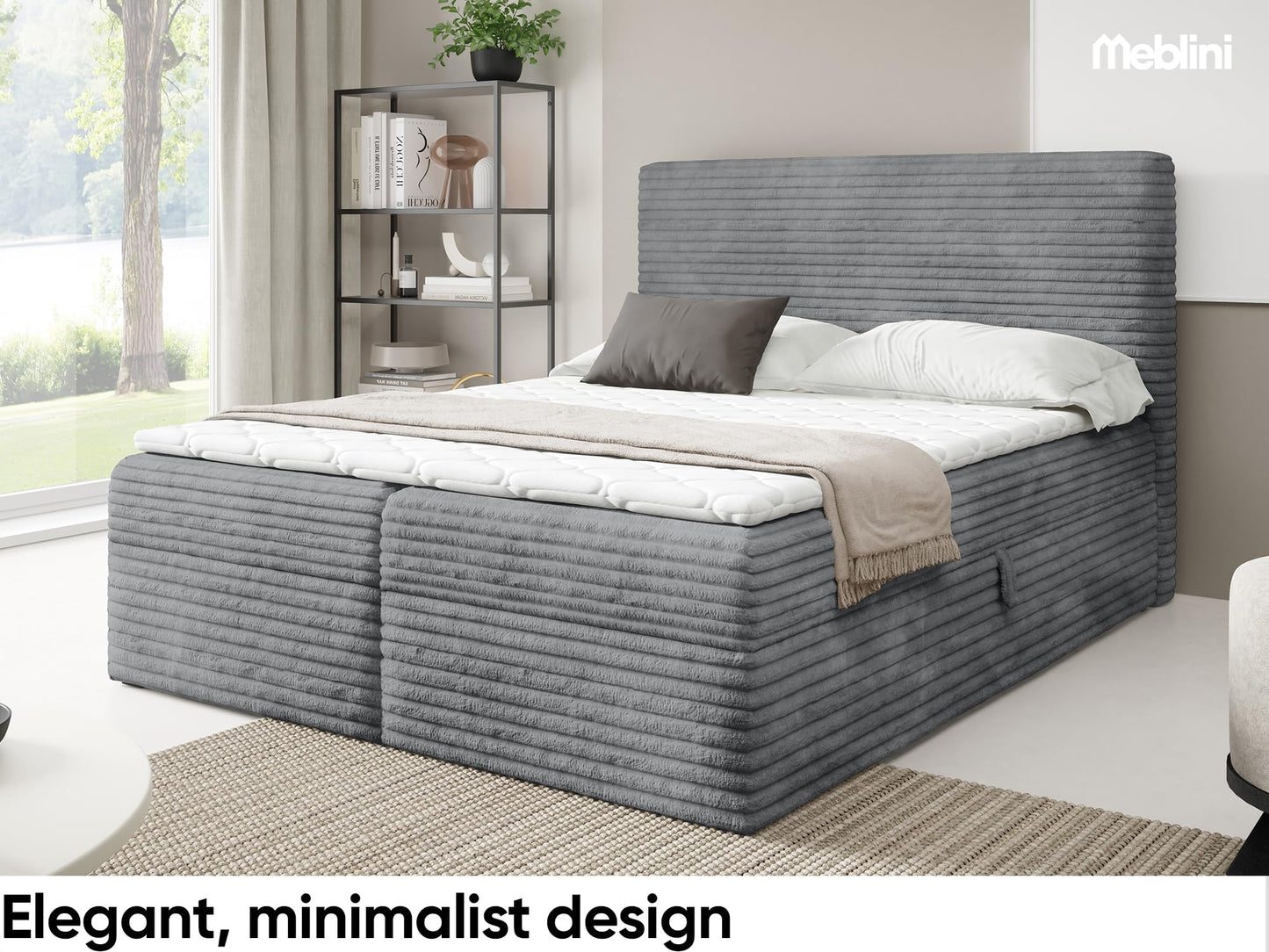 MEBLINI Boxspringbett Talia 180x200 cm H4 Grau Cord mit Bettkasten