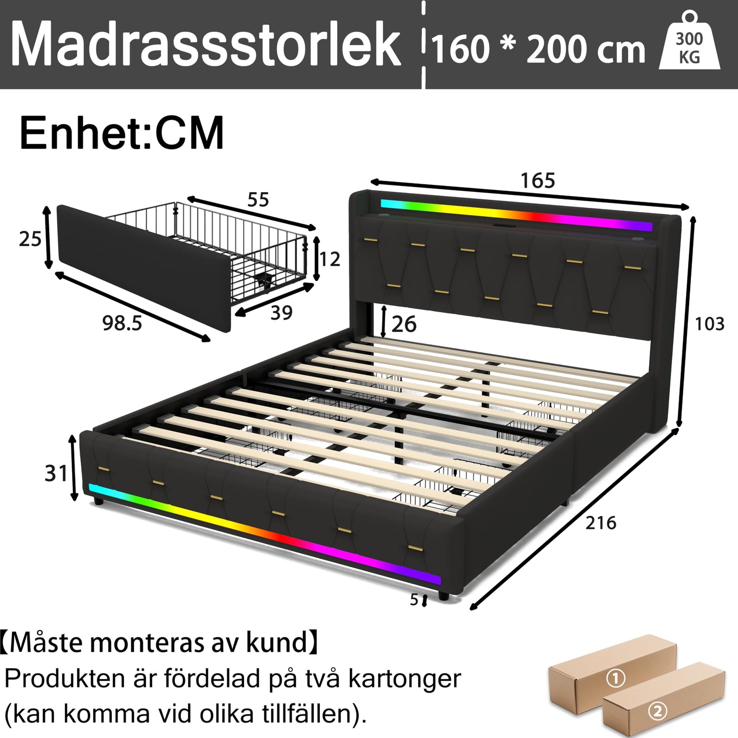 XMETPR Polsterbett 160x200 mit LED, Bluetooth & Stauraum