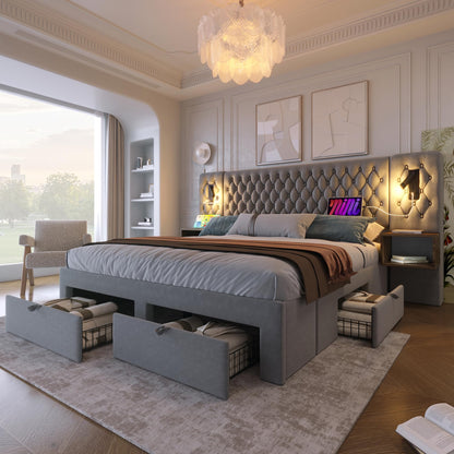 RIAZOS Doppelbett 180x200 cm mit LED, USB & Nachtkommoden