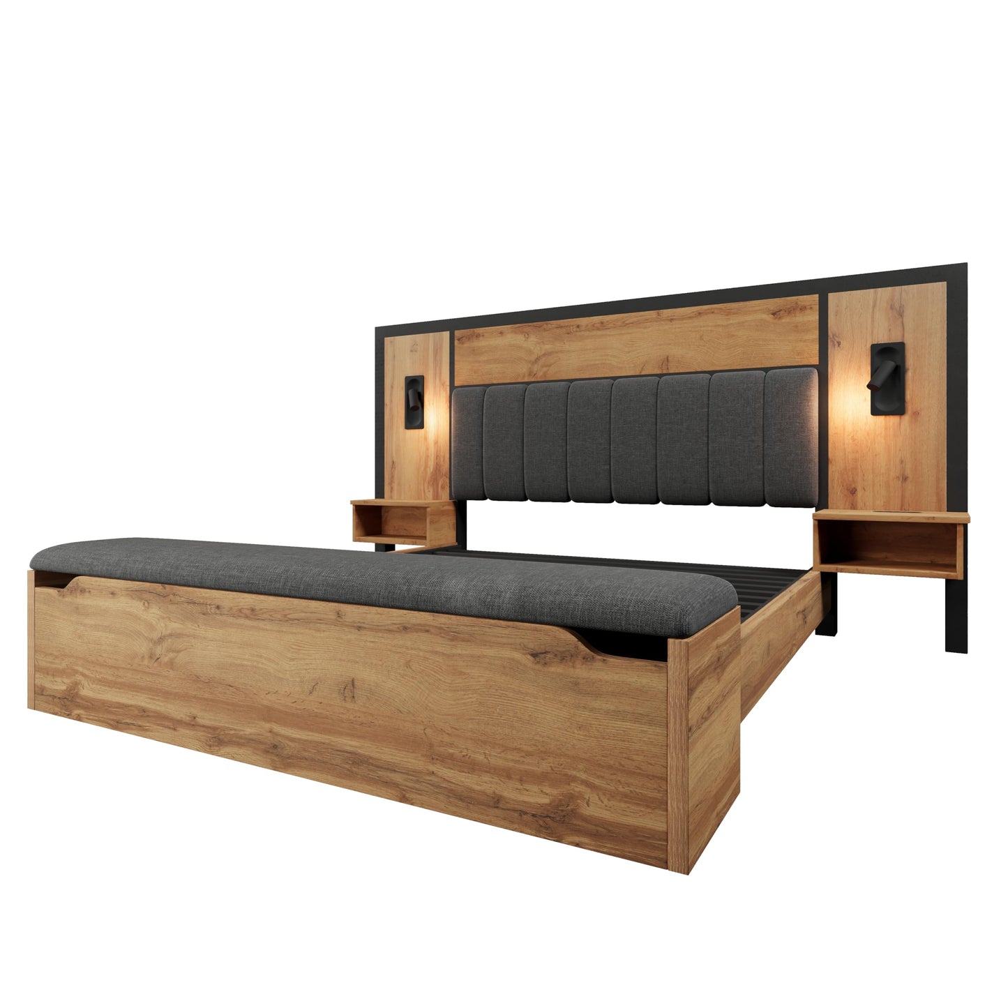 Kebnor Polsterbett 180x200 cm Eiche mit USB, Leselampe & Stauraum
